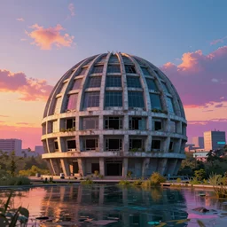 a beautiful very detailed render of city dome house abandoned building by ludwig mies van der rohe, nature retrowave sunset thermal vision anime gem hyperrealism postcyberpunk landscape extraterrestial lake, archdaily, wallpaper, highly detailed, trending on artstation.