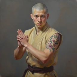 A detailed matte oil on canvas painting of a young white male martial artist monk, orchid arm tattoos  by greg rutkowski and Charlie bowater, trending on artstationhd,  dungeons and dragons art