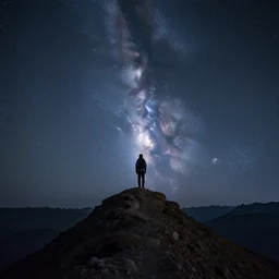 dreamscape of a nomad climbing mountains under galactic skies