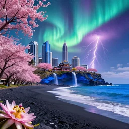 byodo - in temple in kaneohe with cyberpunk buildings on holokalani black beach of maui in royal blue antelope canyon during sakura season on an interstellar aurora borealis with heavy thunder and lightning, pink waterfalls, passion flower, by peter mohrbacher, james jean, james gilleard, greg rutkowski, vincent di fate, rule of thirds, octane render, beautiful landscape