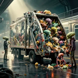 hyperrealistic poster from new scifi movie with subway garbage car with small group of different aliens eating garbage, deep displacement, back light, reflections, raytracing, raymarching, subsurface scattering, by bernie wrightson, rendering in ostane, color grading by digital domain