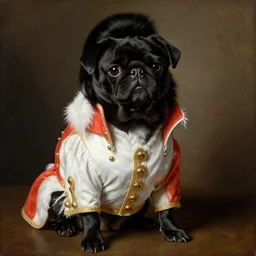 portrait of black pugalier dog wearing an elvis costume, renaissance style painting
