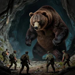 picture of a violent bipedal grizzly bear monster looking down at a group of poachers near a cave, art by ismail inceoglu and filip hodas. matte painting, chiaroscuro, vaporwave