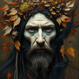 hyperrealistic portrait of a druid from the woods, perfect face symmetry, proportional look, intricate detailed color smashing fluid oil paint and acrylic, dried moss and dried autumn leaves headdress, melting black smoke, mycelia, abstract impressionism, ruan jia, dark fantasy, hyper detailed, concept art, by gustav klimt