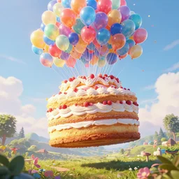 a giant floating cake, with plenty of floating birthday balloons above a beautiful landscape. digital art, highly - detailed, artstation cgsociety masterpiece