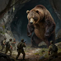 picture of a savage bipedal grizzly bear monster looking down at a group of poachers near a cave, art by ismail inceoglu and filip hodas. matte painting, tenebrism, vaporwave style, artistic render