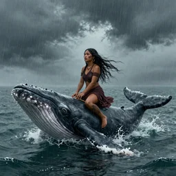 maori girl riding a whale in ocean ,in the rain, style of Hiroshi Sugimoto ,atmospheric illustration, horror