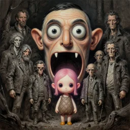 gediminas pranckevicius | monster in the sinister valley of despair, one mouth, one nose, two eyes, oil painting by tomasz jedruszek, cinematic lighting, pen and ink, anthropomorphic highly detailed group portrait of funny mr bean neon giant cute eyes girl, intricate, elegant, highly detailed, digital painting, artstation, concept art, smooth, sharp focus, illustration, art by artgerm, bob eggleton, michael whelan, stephen hickman, richard corben, wayne barlowe