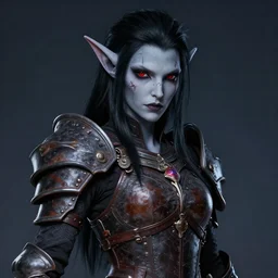 portrait of a beautiful female night elf warrior with pale grey skin. black hair. sombra hair cut. red eyes. scar on nose. full set of leather armour, yoshitaka amano,
