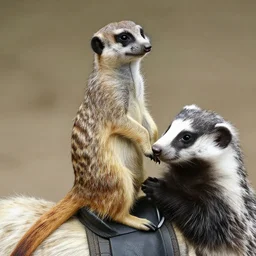 a meerkat on a saddle riding a badger, having his paws shaved by an ant whilst the world is exploding behind him,