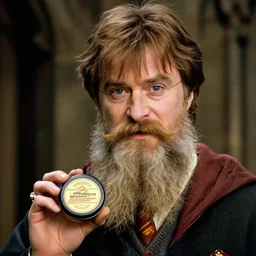 aged harry potter with long beards and beautiful mustache, beard balm in his hand
