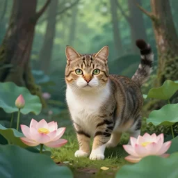 photorealistic illustration of a cat in woods, lotus flowers