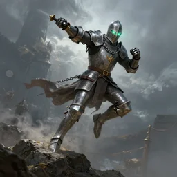 chainmail-wearing knight with glowing eyes jumping off a rock preparing to throw a punch, fantasy art by Steve Argyle