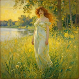 beautiful painting of grass, golden hour, river and forest by Alfons Mucha