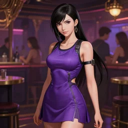 tifa lockhart wearing a purple summer dress at a trendy club, deep focus, intricate, elegant, highly detailed, digital painting, artstation, concept art, matte, sharp focus, illustration, art by artgerm and greg rutkowski and alphonse mucha
