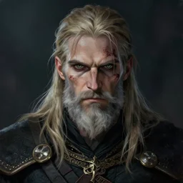 geralt of rivia with long beard and intense eyes, scarred, from torso up, portrait, sinister atmospheric lighting. highly detailed painting by greg rutkowski, anime style