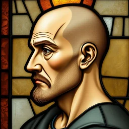 side - view portrait of a 5 0 year old romanian man, bald, shaven, 1 0 th century stained glass window, very masterful
