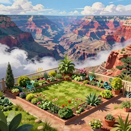 backyard garden, in the valley of the wind. Digital art, big scale landscape. Very colorful. High angle. Canyons. Clouds. Highly detailed, artstation. In style of Sebastian Luca.