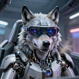 selfie portrait of mechanical wolf with cyberpunk fpv glasses in cockpit, reflective lens, caustics, bokeh, dust, mechanical parts, neon wires, dark fur, closeup portrait, editorial photography, award winning, establishing shot, dark mood, dark sci fi, vibrant tones, cinematic