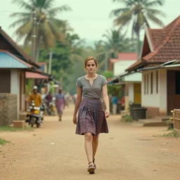 Emma watson walking in the steets of a kerala village, cinematic, ultra realistic, soft colors, volumetric lighting, hdr