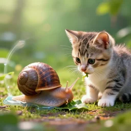 combination of snail and kitten eating a small delicious looking leaf, medium shot, radiant slime trail, vibrant, artstations, octane render, octane render, cinematic, art by greg rutkowski and igor kieryluk, photorealistic anamorphic lens