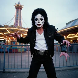 the ghost of michael jackson haunting an amusement park, horror scene, hyper realistic