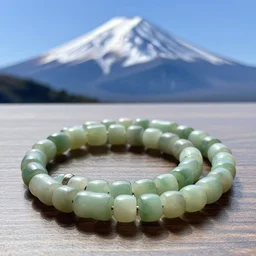 Nephrite beads on a table with Mount Fuji in the background