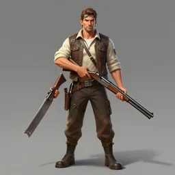 a triple a game concept art of an imp in official outfit holding a sawed - off shotguns in both hands in a casual outfit, art by cushart krentz and greg rutkowski, elegant, front view, sharp focus, morandi color scheme, fantasy style, illustration, high quality, digital art, hyperrealism, octane render, commission art