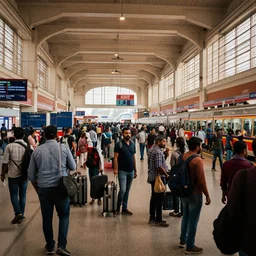 establishing shot, interior of an indian railway station, bustling with people, sharp focus, aesthetic