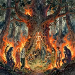 high intricate watercolor painting of evil forest spirits burning the ancient forest, massive ancient tree, maria panfilova, andrea savchenko, mike kime, ludovic plouffe, qi sheng luo, oliver cook, david noren, trending on artstation