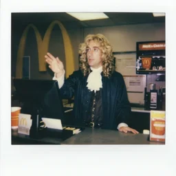 isaac newton working the front counter of mcdonald's ready to take your order, eighties polaroid, flash photography, photorealistic, kodachrome