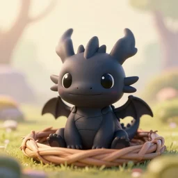 a portrait of a cute happy tiny black chibi dragon in a nest, black eyes, artstation, by magali villeneuve, depth of field, beautiful lighting, pastel colors, bokeh, fantasy art, adorable