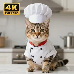 photo of a cat dressed as a chef, including a hat, proudly posing for a portrait. extremely detailed. beautiful. 4 k. award - winning.