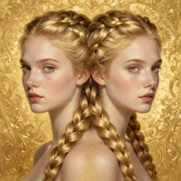 annasophia robb symmetrical portrait, long blond braided hair, shiny gold background, intricate, elegant, highly detailed, digital painting, artstation, concept art, smooth, sharp focus, illustration, bouguereau, artgerm, rutkowski, mucha