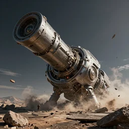 largest artillery ever built, massive alien weapon, in orbit, devastating, post apocalyptic, in the style of jim burns, shattered land, extreme details, hyperrealistic, maya render, blender, arthur, octane render, 8 k, dynamic lighting, realistic, 3 5 mm photograph