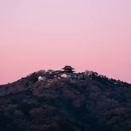 a Japanese ville on the top of a mountain, pink sunset