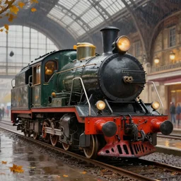 a neo vintage locomotive, detailed, paris railway station background, photorealism, volumetric lights, autumn lights, ( ( ( rainy day ) ) ) depth of field, sharp details, photo, hasselblad, by moebius and ricardo robles, marco turini, oil, ink, gouache, 3 d concept art, octane render