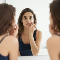 a woman looking in the mirror