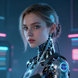 a portrait of a cyberpunk beautiful young woman by Greg Rutkowski, biomechanical,highly detailed portrait, Blade Runner background, futuristic, digital engine, luminous