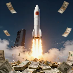 digital art of elon musk surrounded by piles of money and rocketing to space