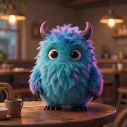 little fluffy monster in a cozy boho cafe. upcoming 3 d animation by an indie studio, rimlighting, depth of field, limited but vibrant palette, intricate details, gothic horror, chiaroscuro, bokeh.