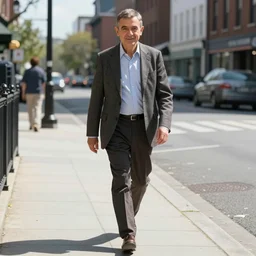 mr. bean walks down a street on a sunny day by richard estes