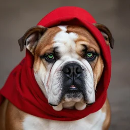 portrait of american bulldog as afghan girl, green eyes and red scarf looking intently, photograph by steve mccurry, national geographic