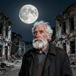 old white - headed man under the huge moon on a street of ruined city by beksinski. 8 k