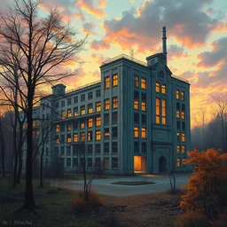 a beautiful ultradetailed painting of architecture building industrial architecture orphanage abandoned nature city unfinished building urbex by i. m. pei, retrowave poppy hyperrealism uv light thermal vision myst tokyo sunset nature, archdaily, wallpaper, highly detailed, trending on artstation.