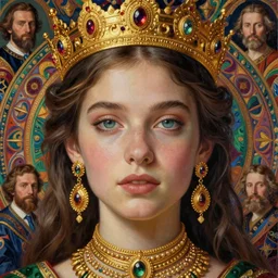 a close up of beautiful girl wearing a crown wearing and golden jewellery surrounded by colourful intricate patterns, by edgar maxence and caravaggio and michael whelan, intricate painting, hyper realistic, extremely detailed and beautiful aesthetic face, 8 k resolution