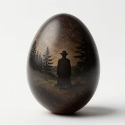 a dark patterned egg againt a white background by rene magritte