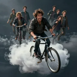 A fancy portrait of a happy man flying in the sky on his bicycle in the clouds, perfect expression, Greg Rutkowski, Sung Choi, Mitchell Mohrhauser, Maciej Kuciara, Johnson Ting, Maxim Verehin, Bloodborne, 8k photorealistic, volumetric lighting, HD, high details, dramatic, dark atmosphere, trending on artstation