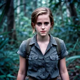 japanese version of emma watson, walking through vietnam jungle, portrait, close up, award winning, kodak ektachrome expired blue tint,