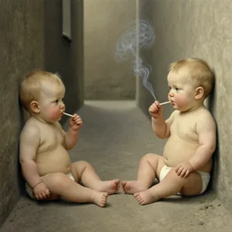 babies smoking in an alley by rene magritte